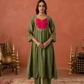 Olive Green Chanderi Mirrorwork A- Line Kurta Set