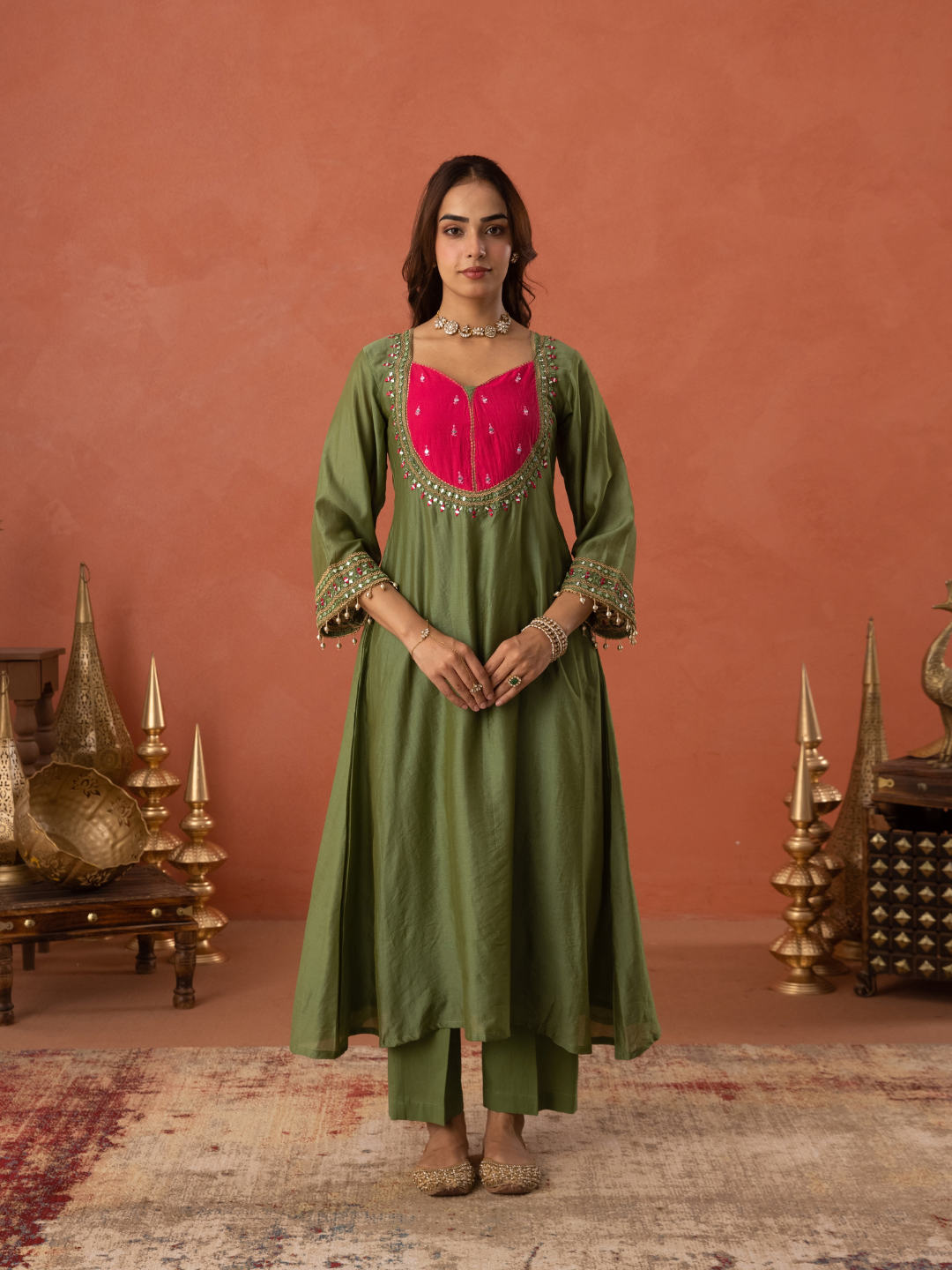 Olive Green Chanderi Mirrorwork A- Line Kurta Set