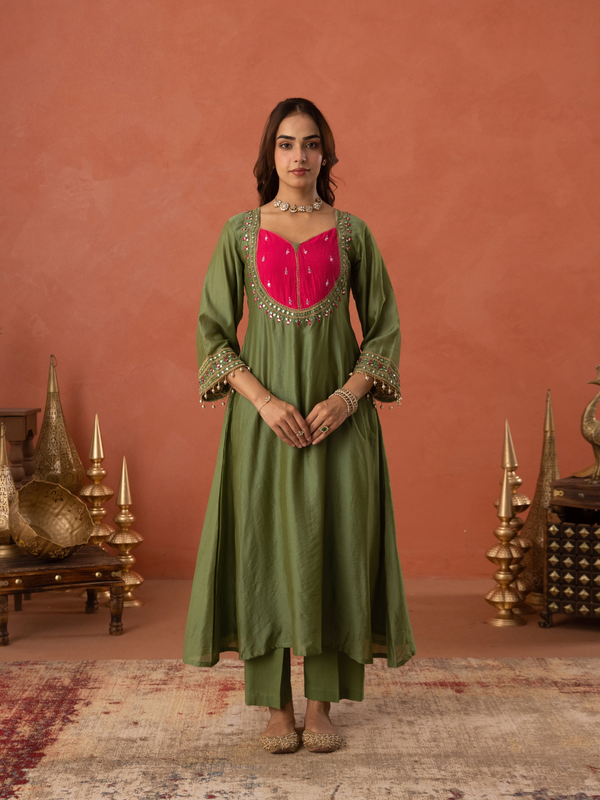Olive Green Chanderi Mirrorwork A- Line Kurta Set
