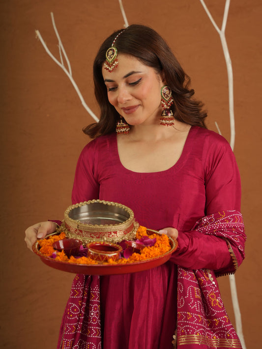 Heer Pink Silk Anarkali Set With Bandhej Dupatta