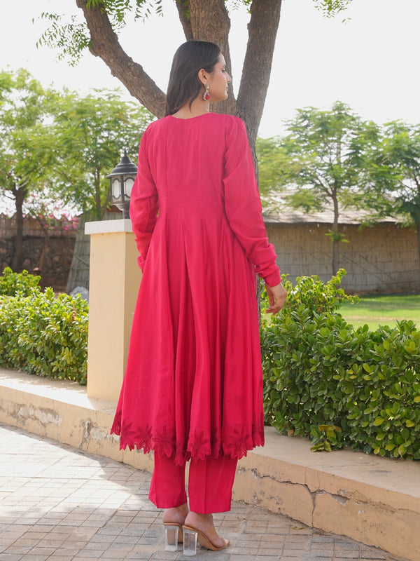 Ruby Bloom Floral Aari Work Chanderi Kurta Set