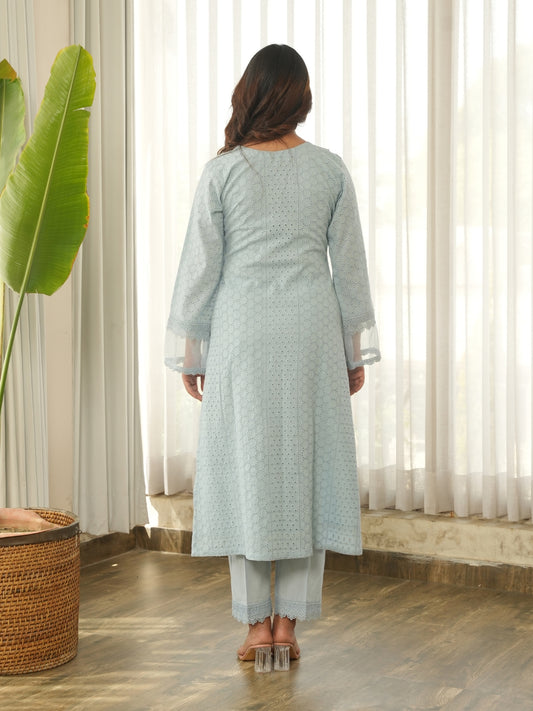 Powder Blue Schiffli Cotton Kurta Set with Pants & Organza Dupatta