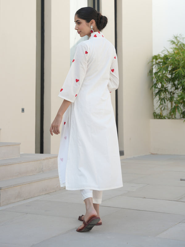LUV WHITE COTTON HEART EMBROIDERED SUIT SET