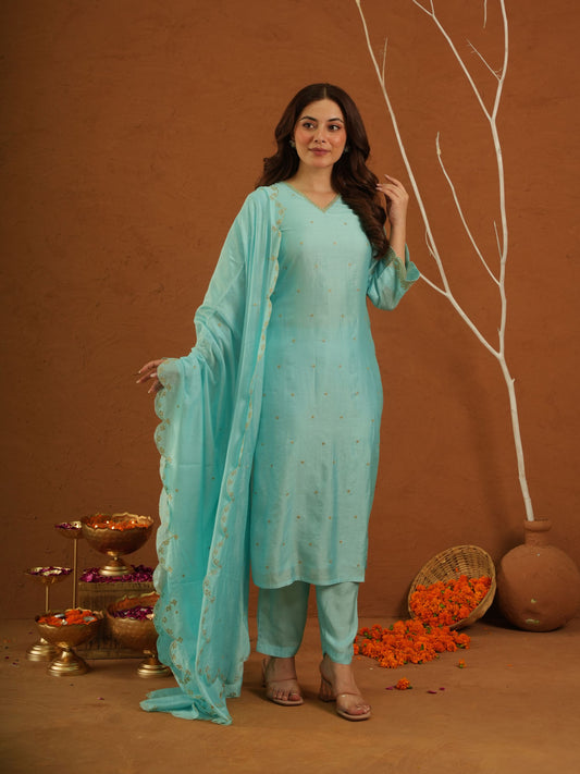 Noormahal Sky Chanderi Aariwork Suit Set