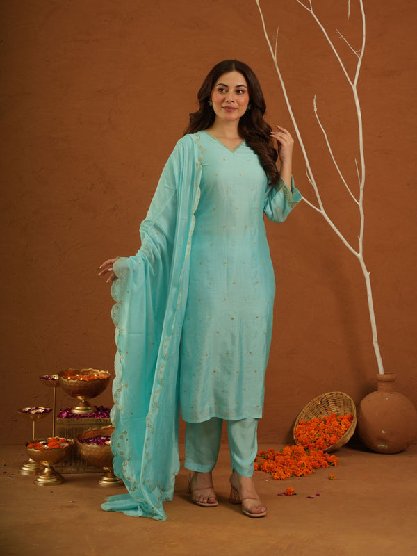 Noormahal Sky Chanderi Aariwork Suit Set