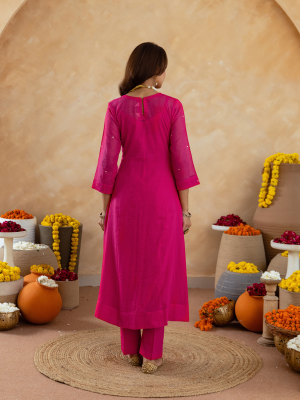 Fuchsia Pink Doria Hand Embroidered A- Line Kurta  Set
