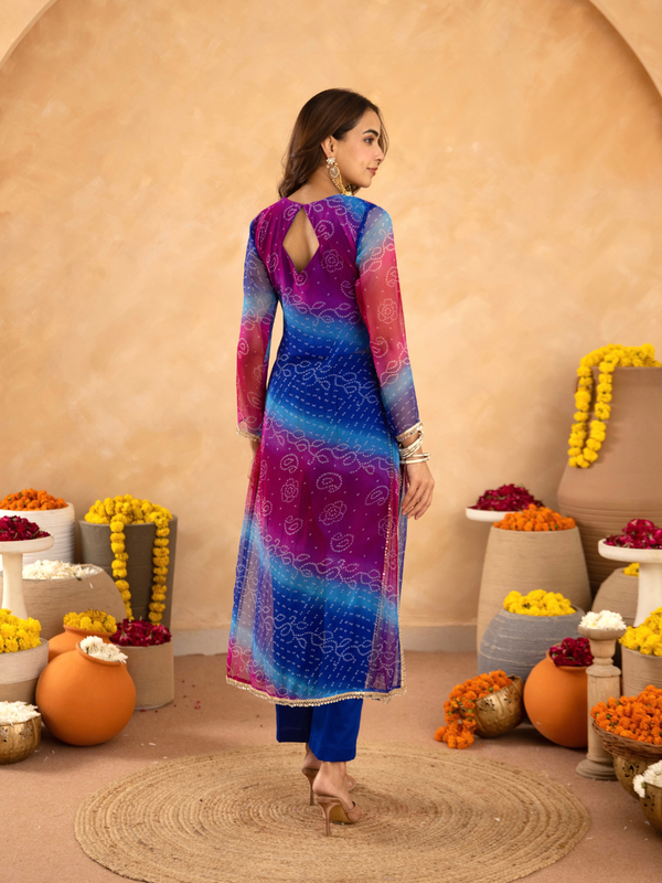 Blue Pink Chiffon Bandhej Mirrorwork Straight Kurta