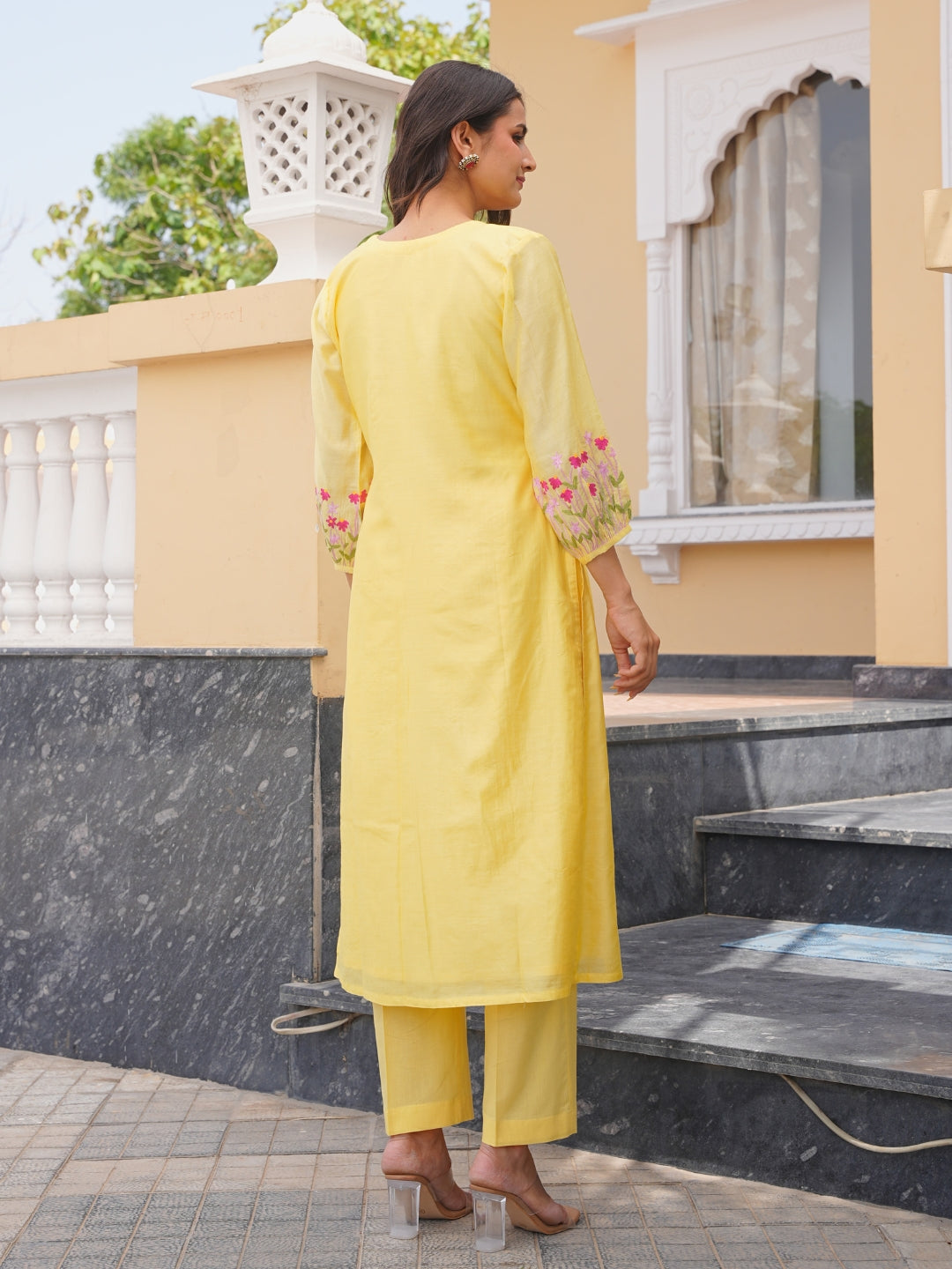 Sunflower Floral Aari Work Chanderi Kurta Set