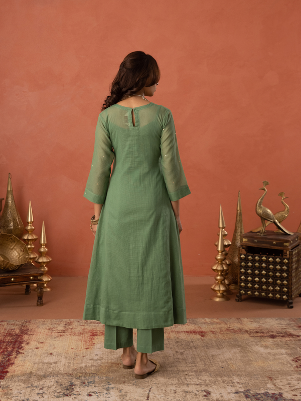 Green Doria Hand Embroidered A- Line Kurta  Set