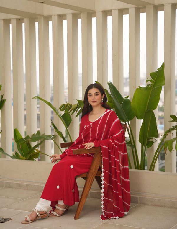 Red Silk Embroidered Leheriya Suit Set