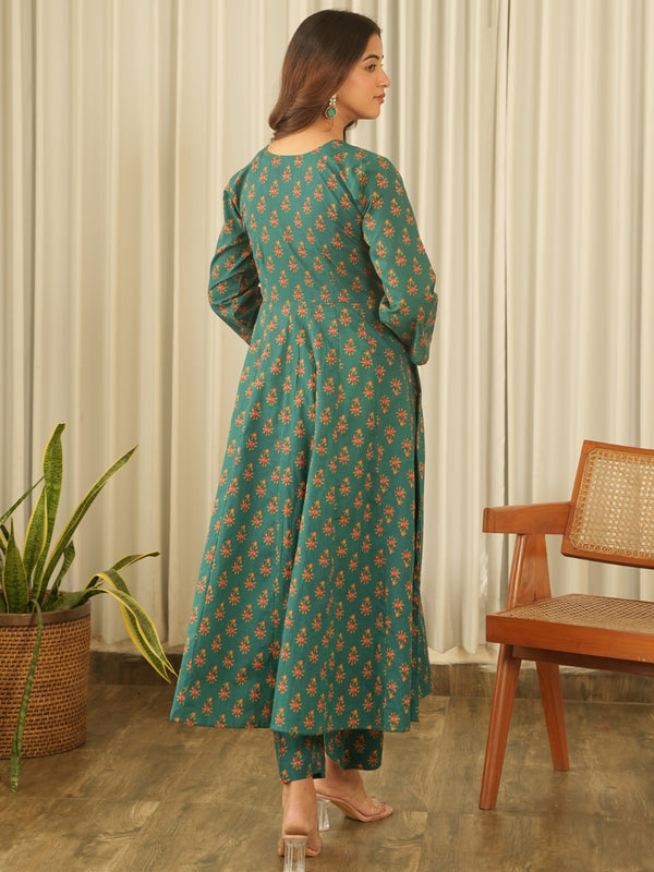 Emerald Green Cotton Suit Set with Pants & Doriya Dupatta