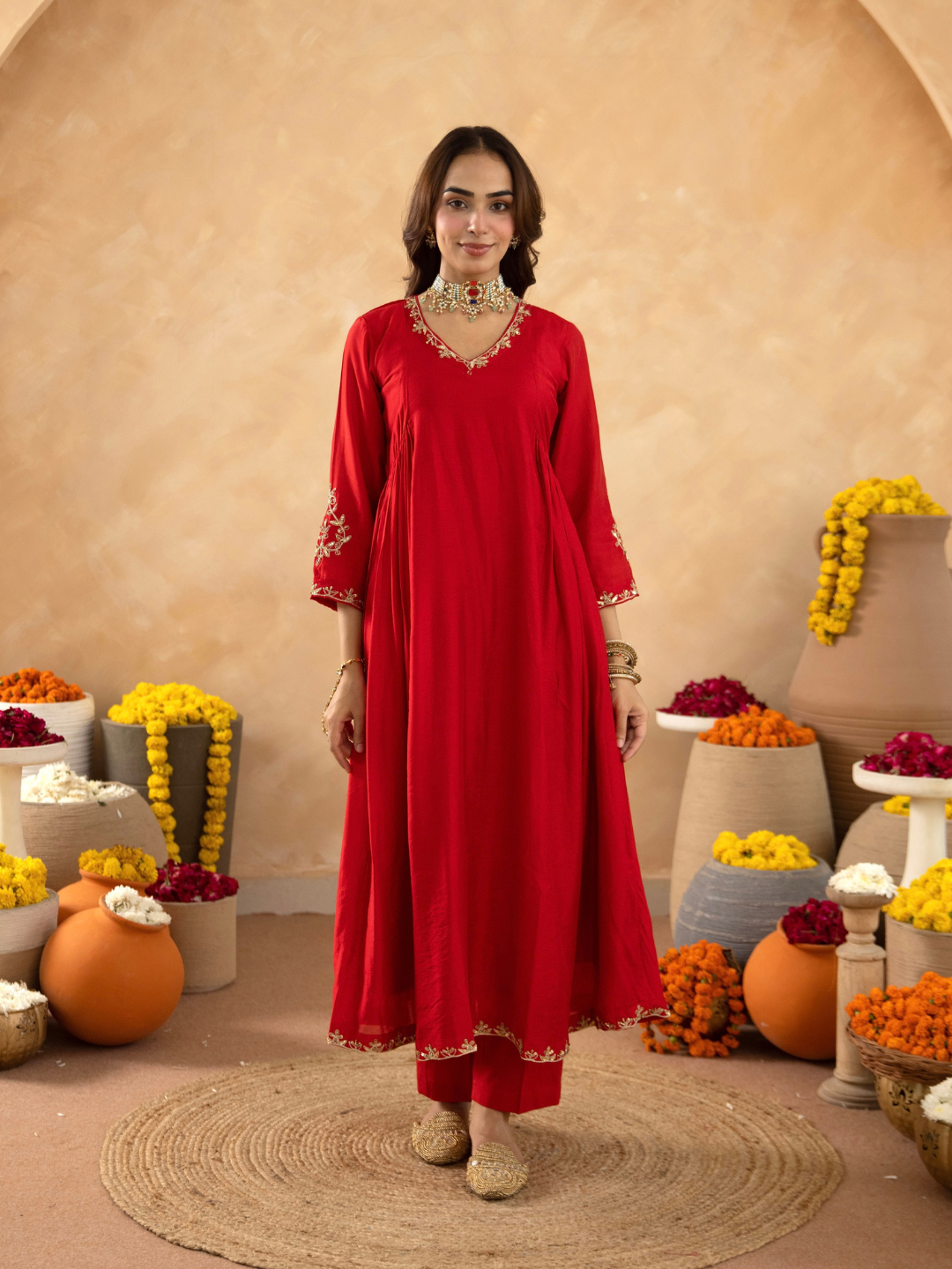 Red Hand Embroidered Chanderi Gathered Kurta Set with  Sequin Dupatta