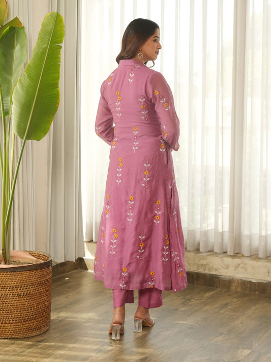 Mauve Pink Embroidered Chanderi Kurta Set with Pants