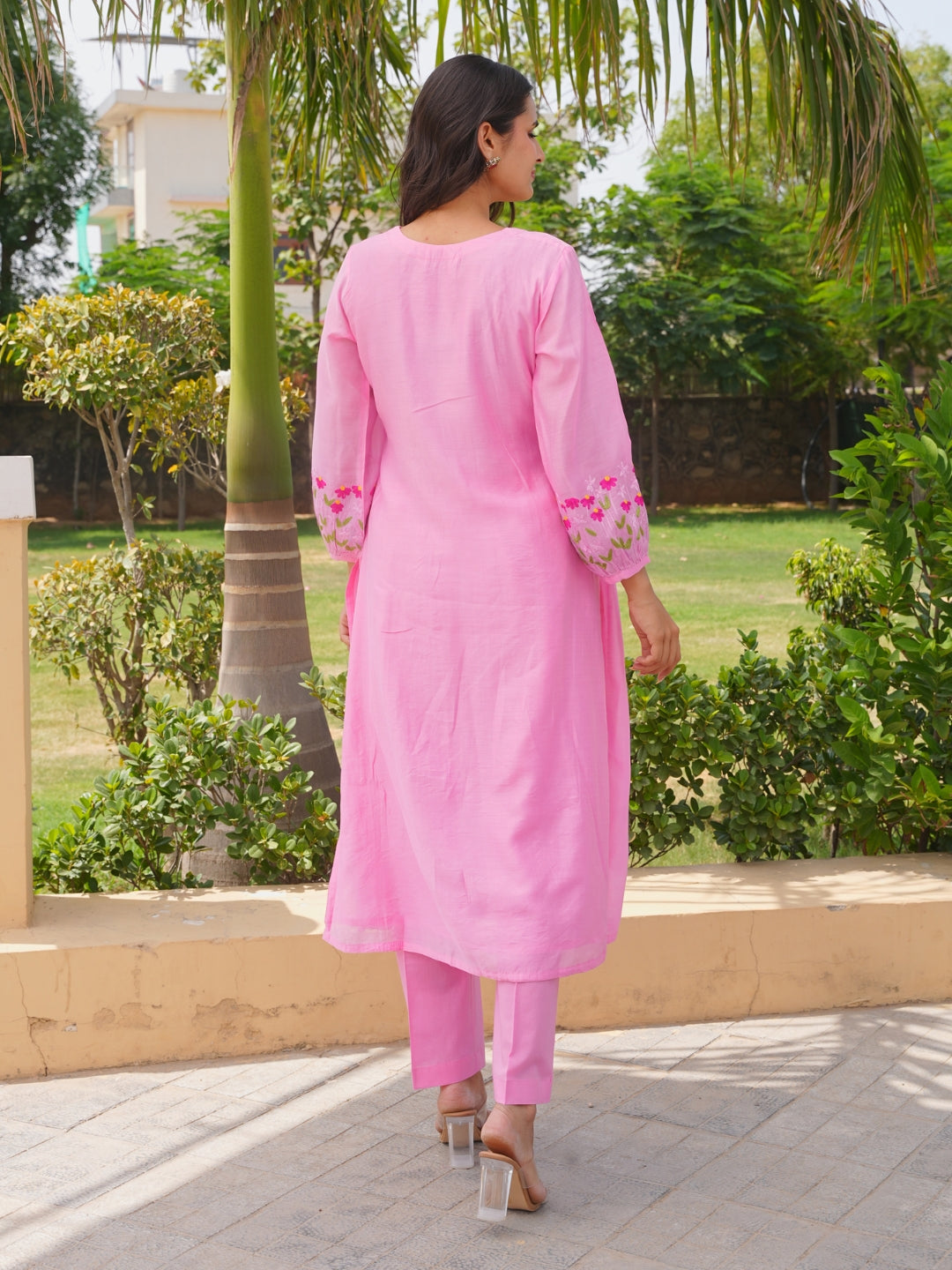 Pink Petal Floral Aari Work Chanderi Kurta Set