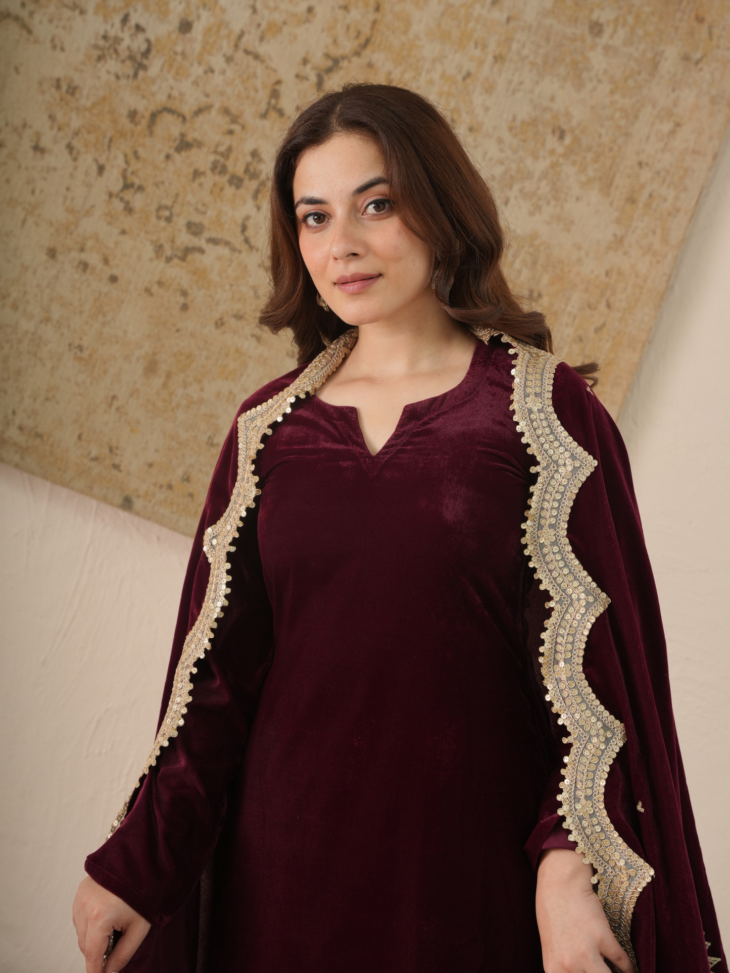 Zehra Wine Velvet Kurta With Pant & Dupatta