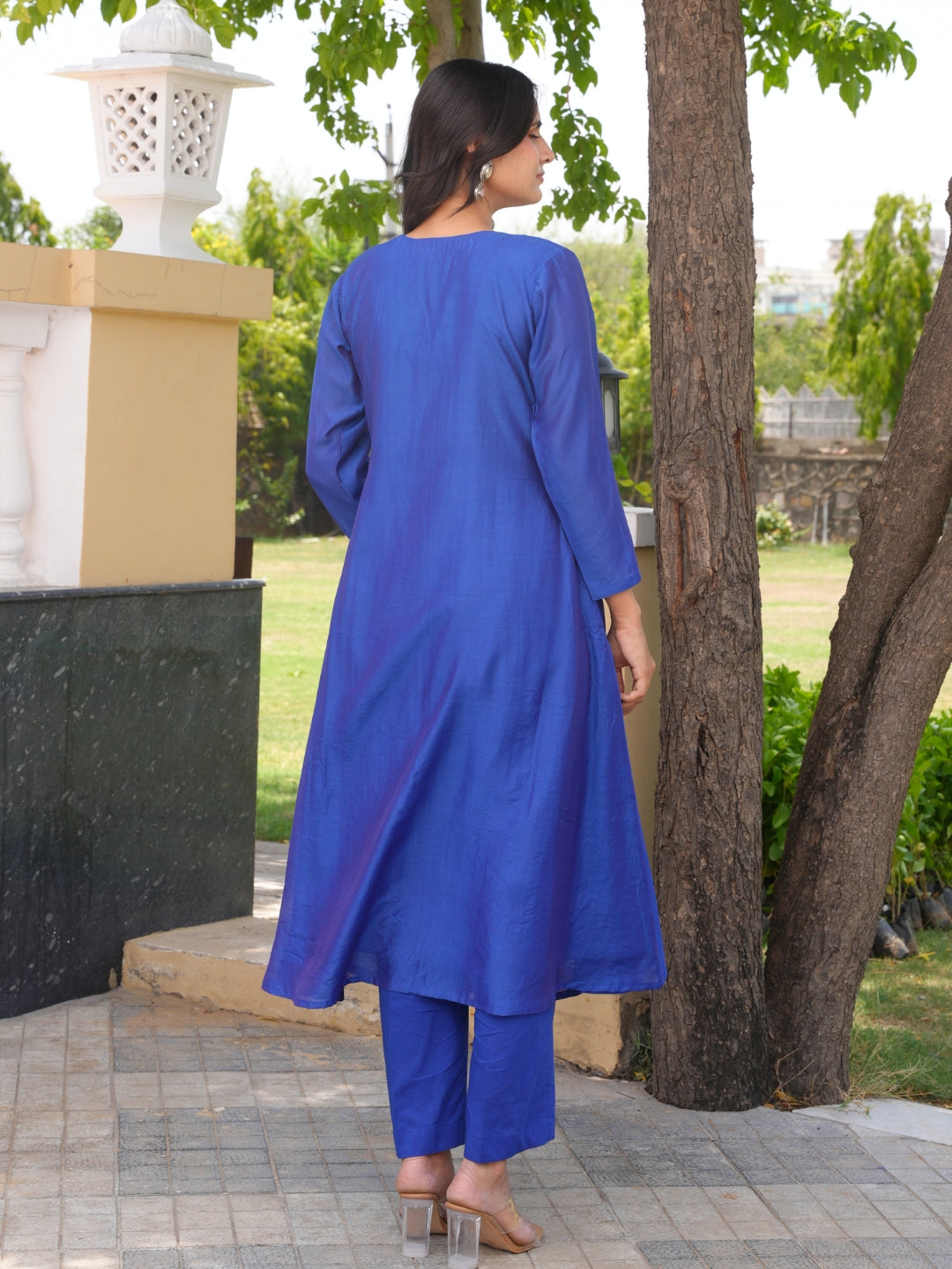 Blue Floral Handwork Chanderi A-Line Kurta Set