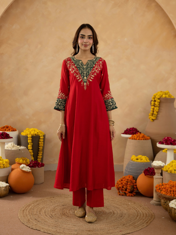 Red Zari Embroidered A-Line kurta with Dupatta
