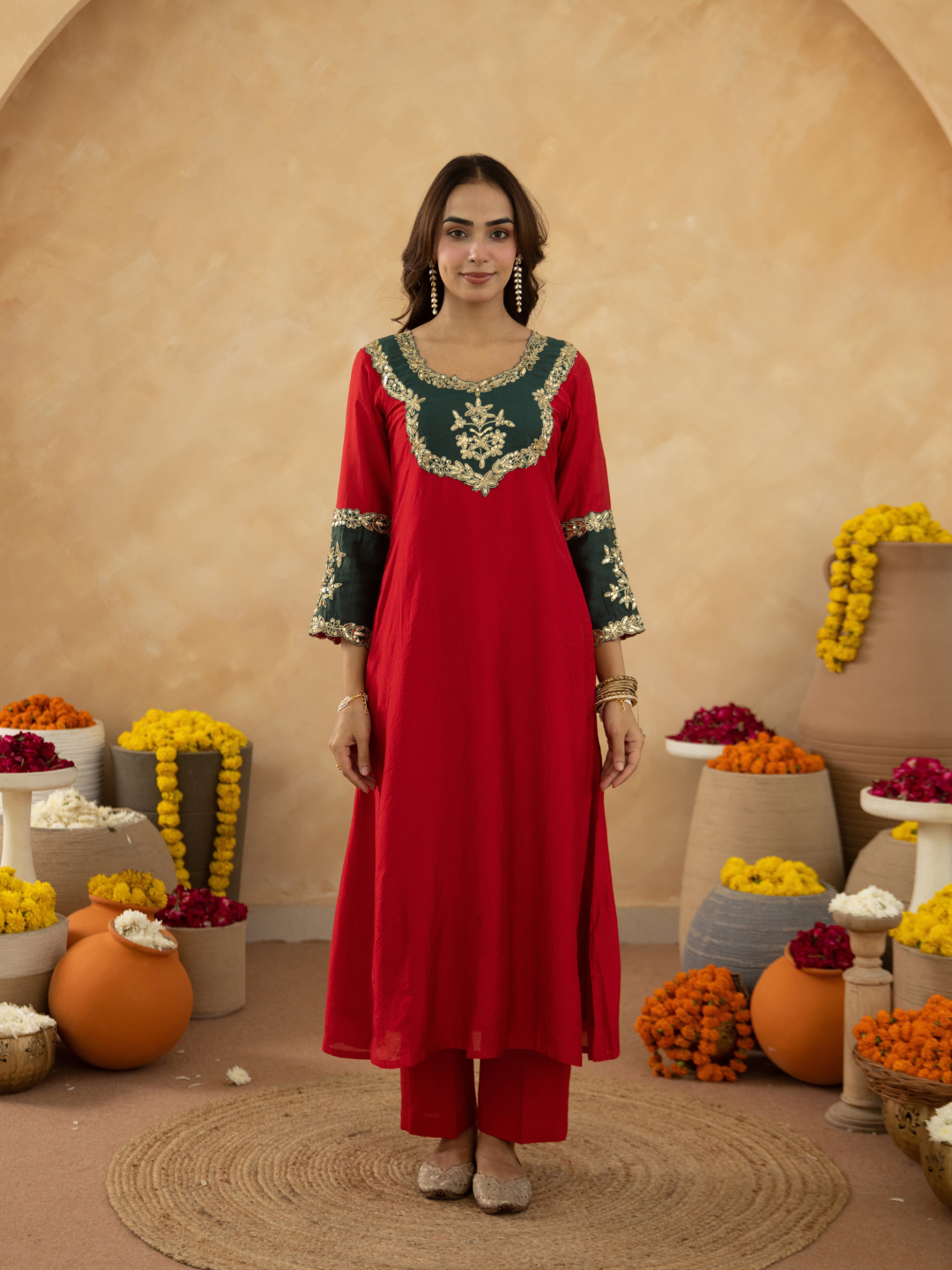 Red Chanderi A-Line Kurta Set with Handwork Detailing &  Organza Dupatta