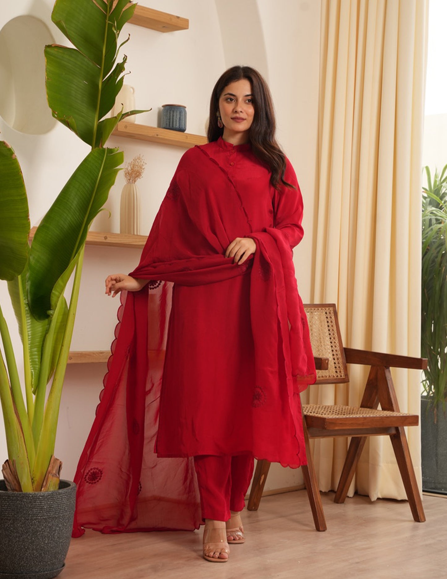 Marley Red Silk Straight Suit Set