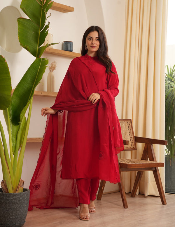 Marley Red Silk Straight Suit Set