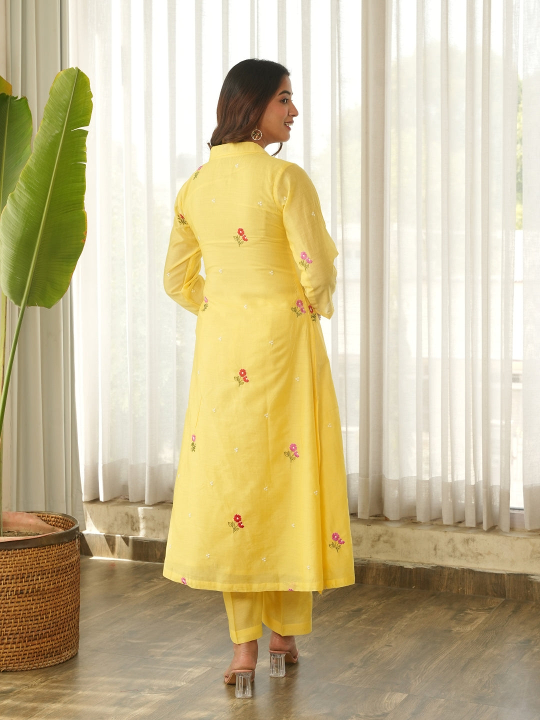 Lemon Yellow Embroidered Chanderi Kurta Set with Pants & Dupatta