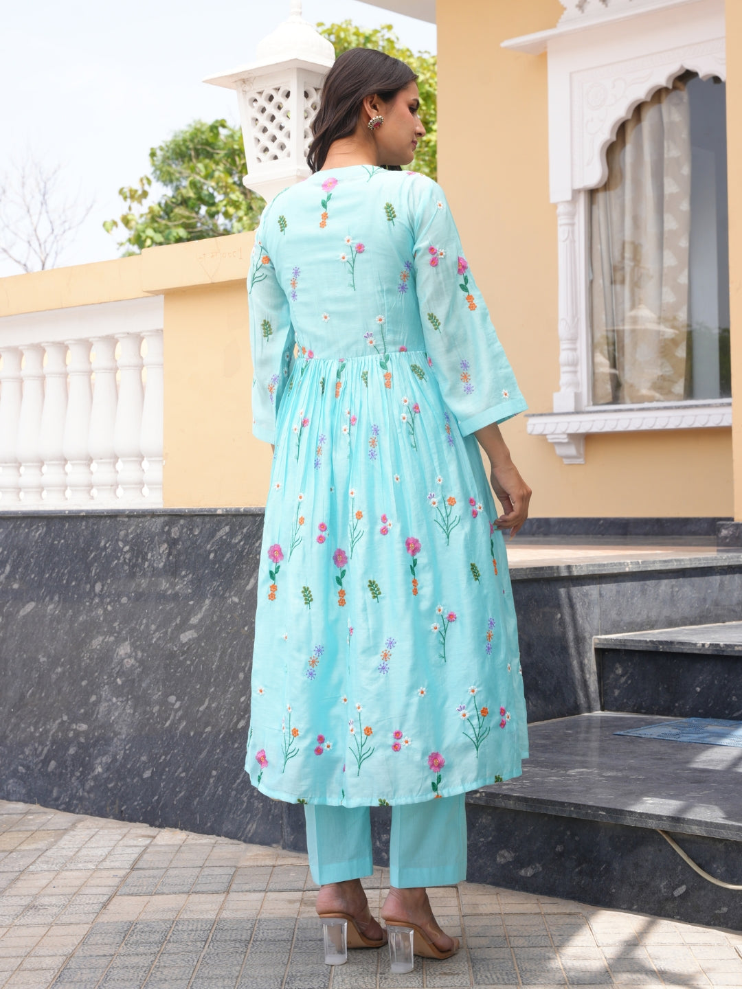 Aqua Blossom Chanderi Angrakha Kurta Set