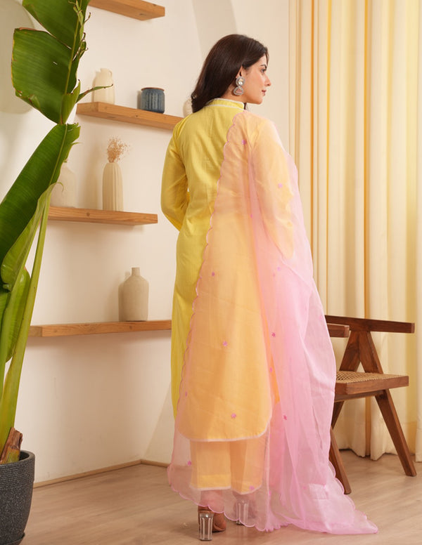 Heaven Yellow Cotton Staright Suit Set