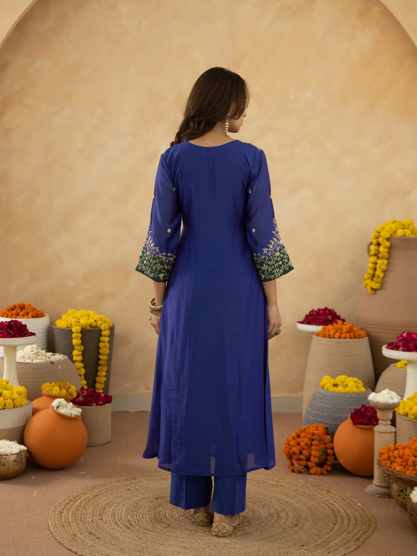 Royal Blue Zari Embroidered A-Line kurta with Dupatta
