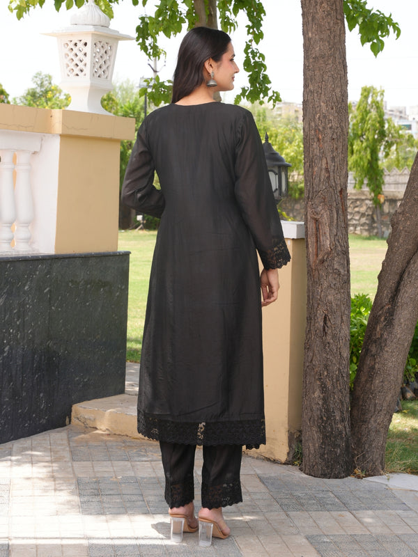 Floral Wine Black Hand Embroidery Chanderi Kurta Set