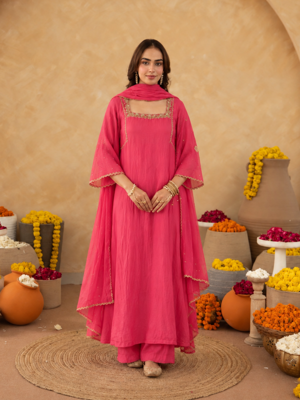 Salmon Pink Aari Handwork Chanderi A-Line Kurta set