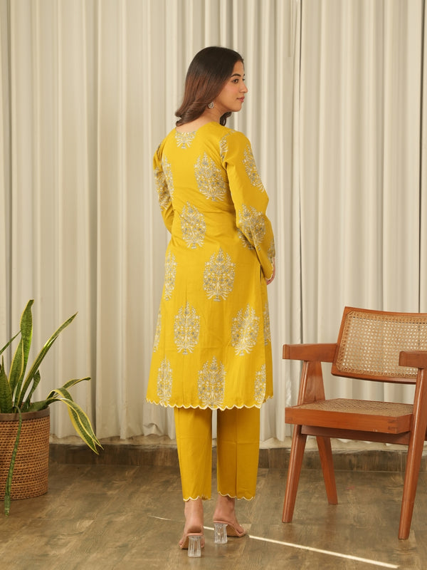 Mustard Bloom Screen Print Cotton Suit Set