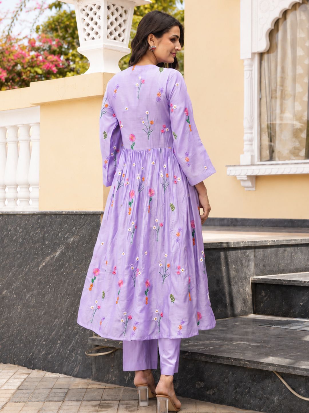 Lavender Daisy Chanderi Angrakha Kurta Set