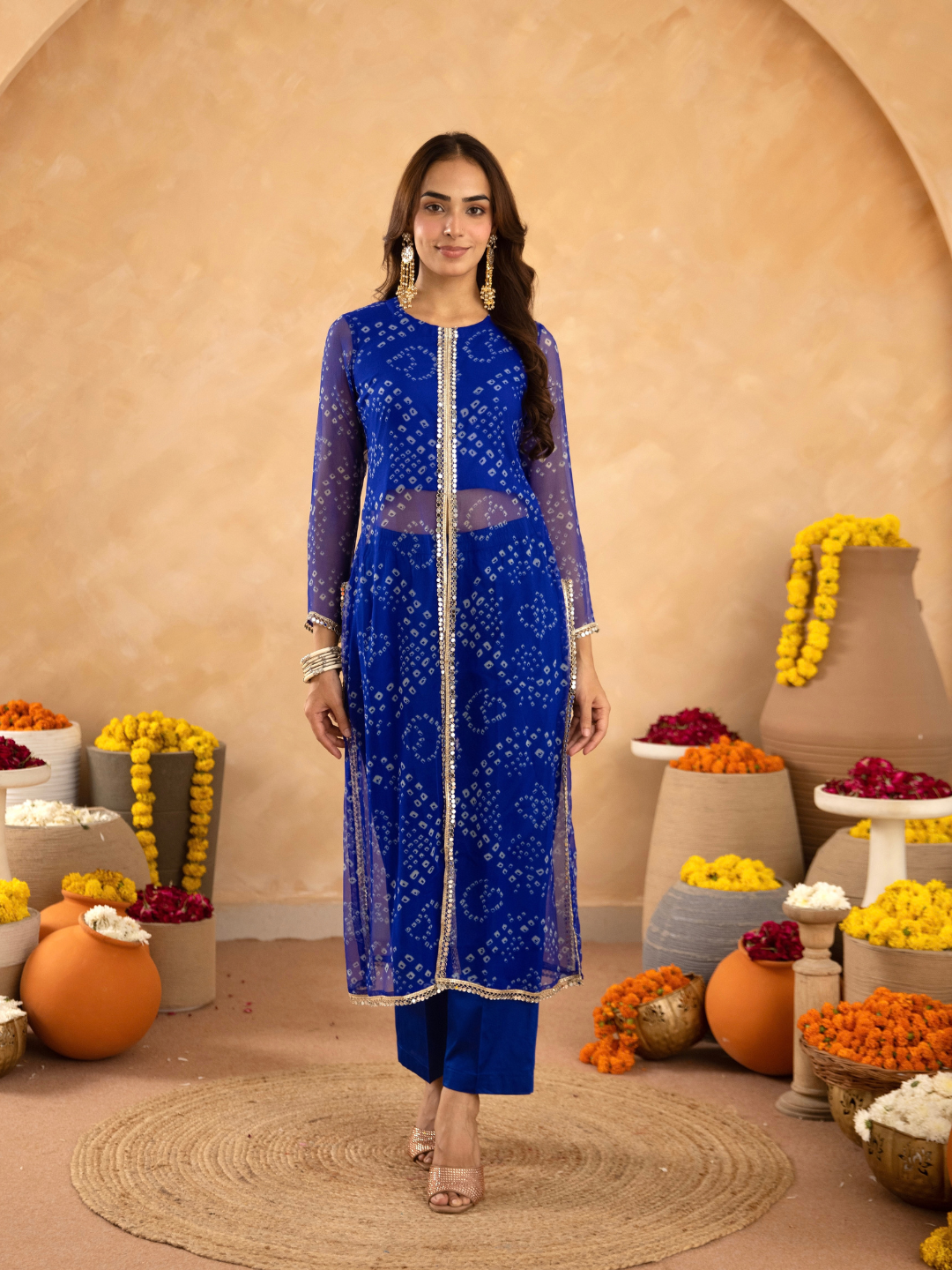 Blue Chiffon Bandhej Mirrorwork Straight Kurta