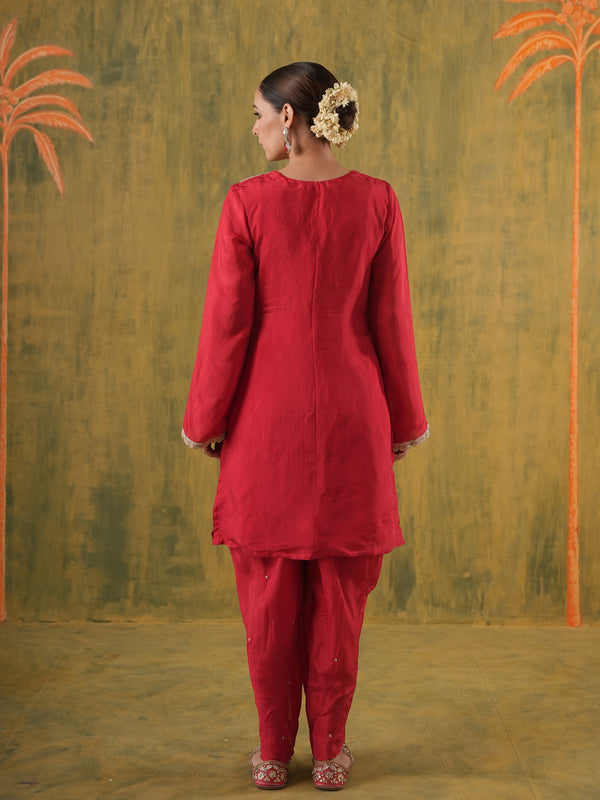 Noorani Red Embroidered Silk Dhoti Set