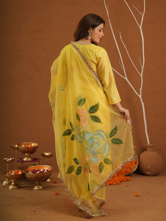 Surror Yellow Chanderi With Handpaint Dupatta