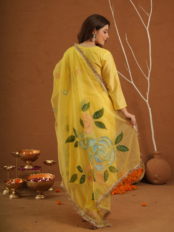 Surror Yellow Chanderi With Handpaint Dupatta