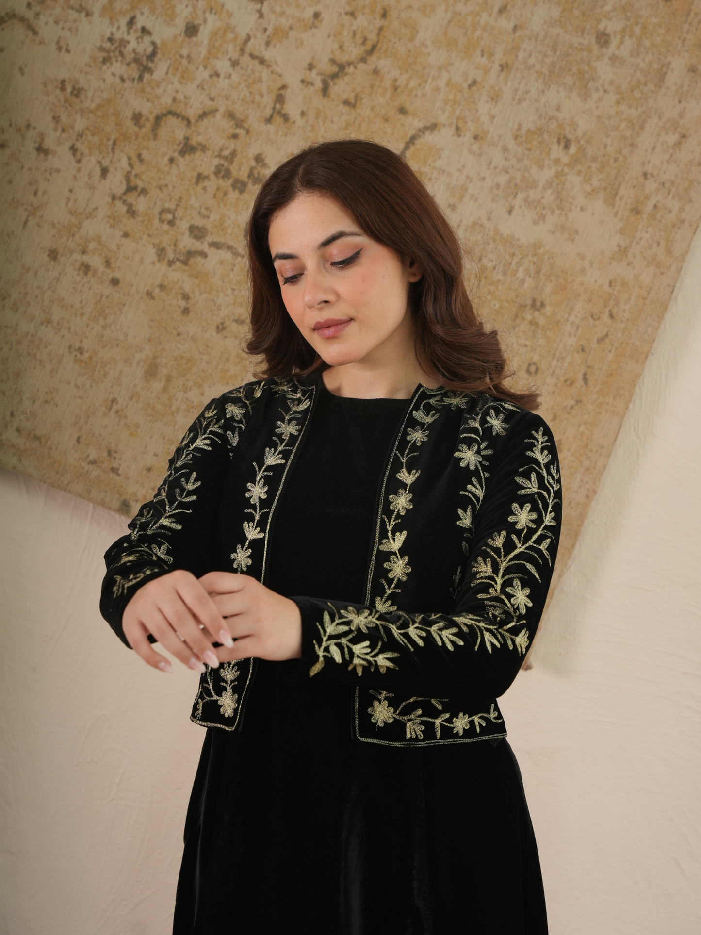 Aira Noir Velvet Embroidered Jacket Dress