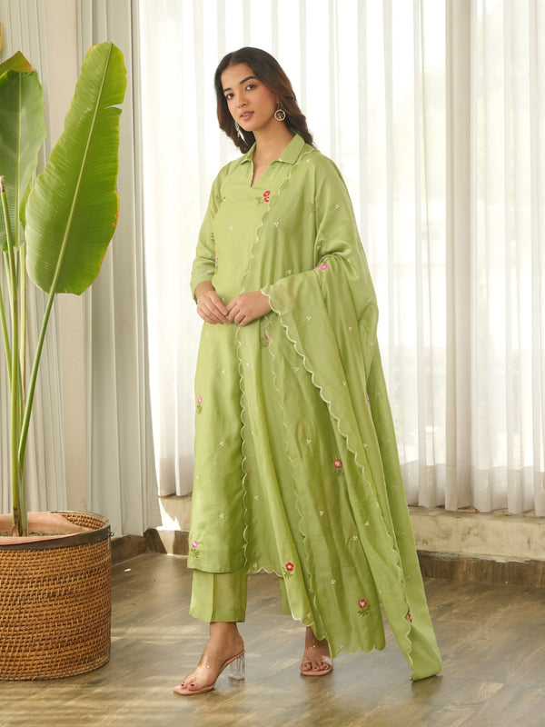 Pistachio Green Embroidered Chanderi Kurta Set with Pants & Dupatta