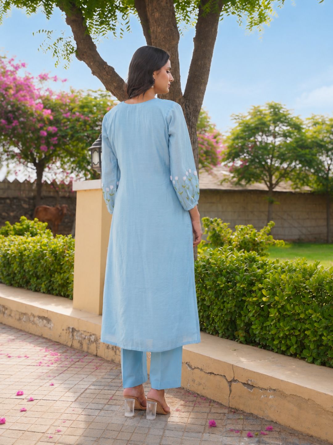 Bluebell Floral Aari Work Chanderi Kurta Set