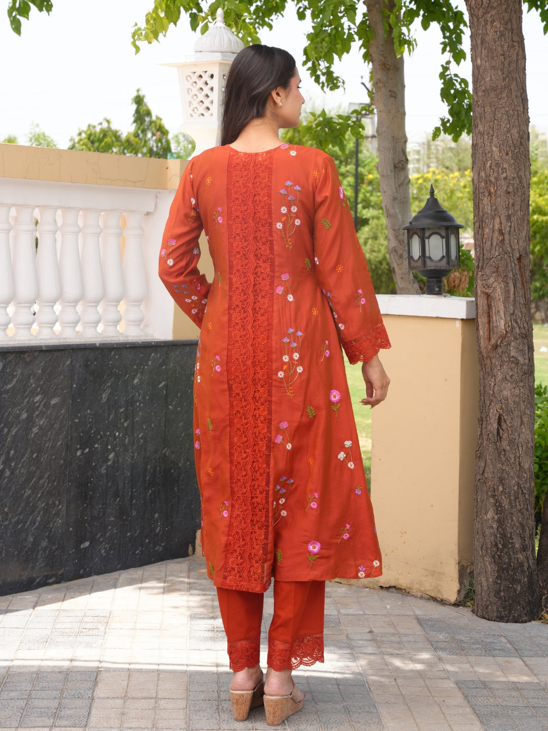 Rust Brown Chanderi Floral Embroidered Kurta Set