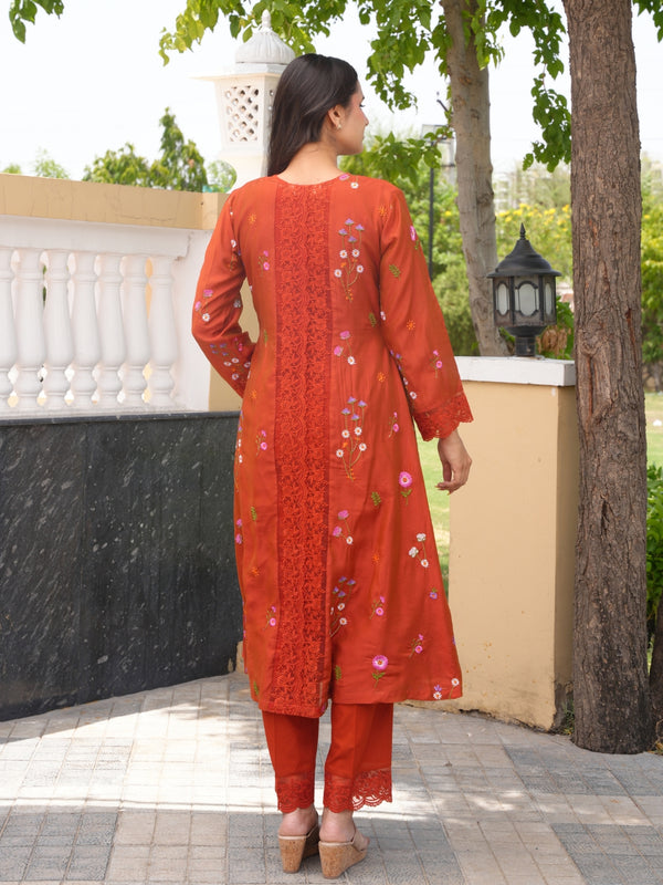 Rust Brown Chanderi Floral Embroidered Kurta Set