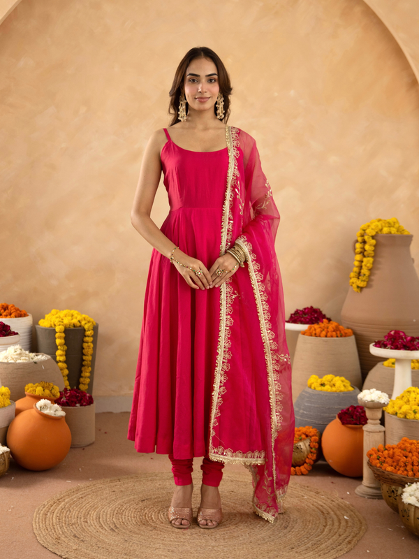 Fuchsia Chanderi Anarkali with Aari Work & Sequin Embellished  Dupatta