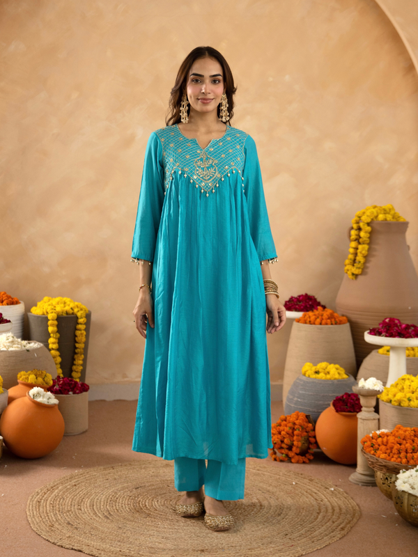 Cyan Blue Chanderi Aari & Handwork Gathered Kurta Set