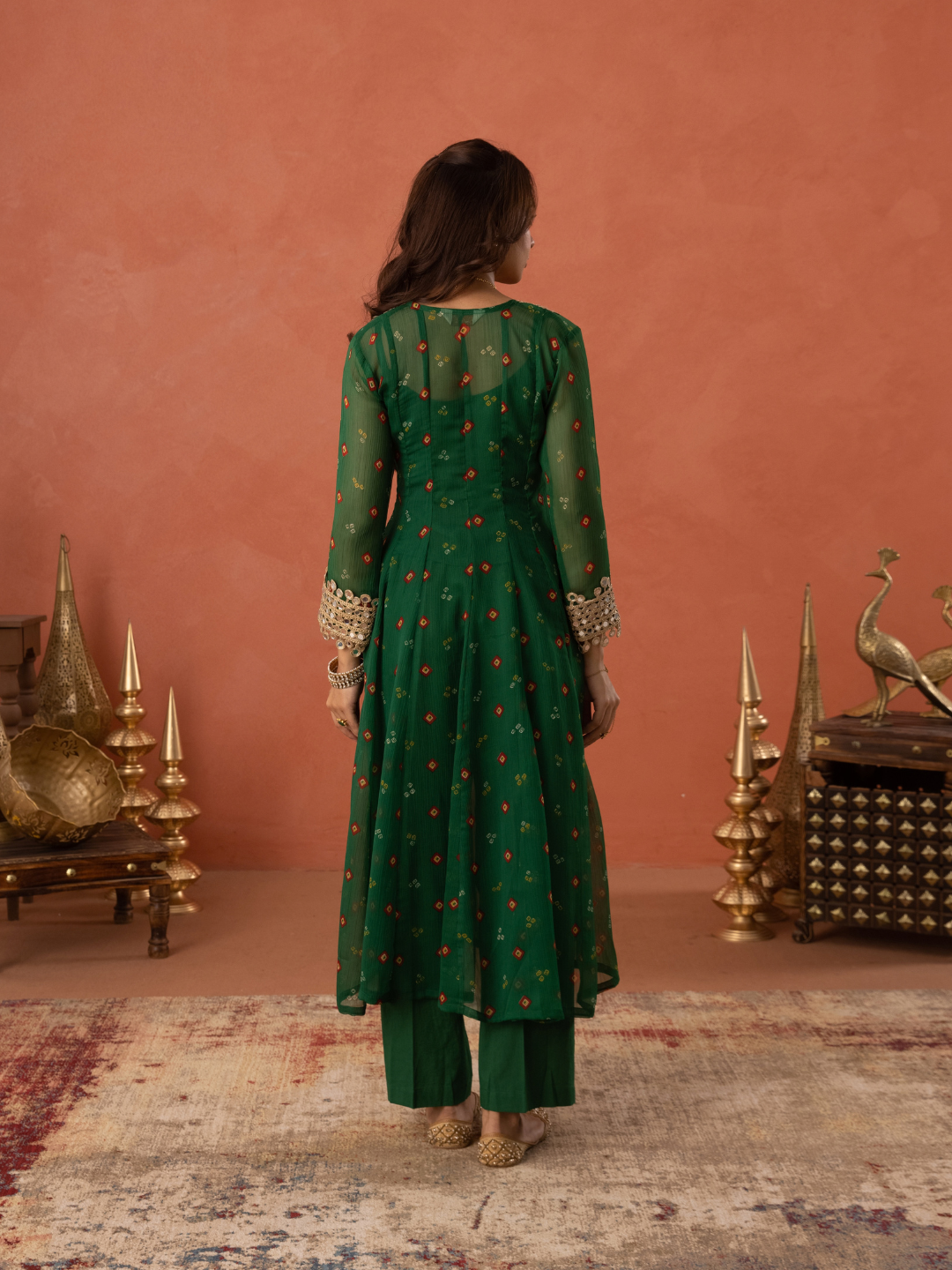 Green Chiffon Bandhej Mirrorwork Kurta Set