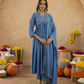 Dusty Blue Chanderi Zari Embroidered Gathered  Kurta Set