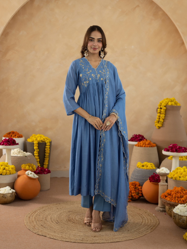 Dusty Blue Chanderi Zari Embroidered Gathered  Kurta Set