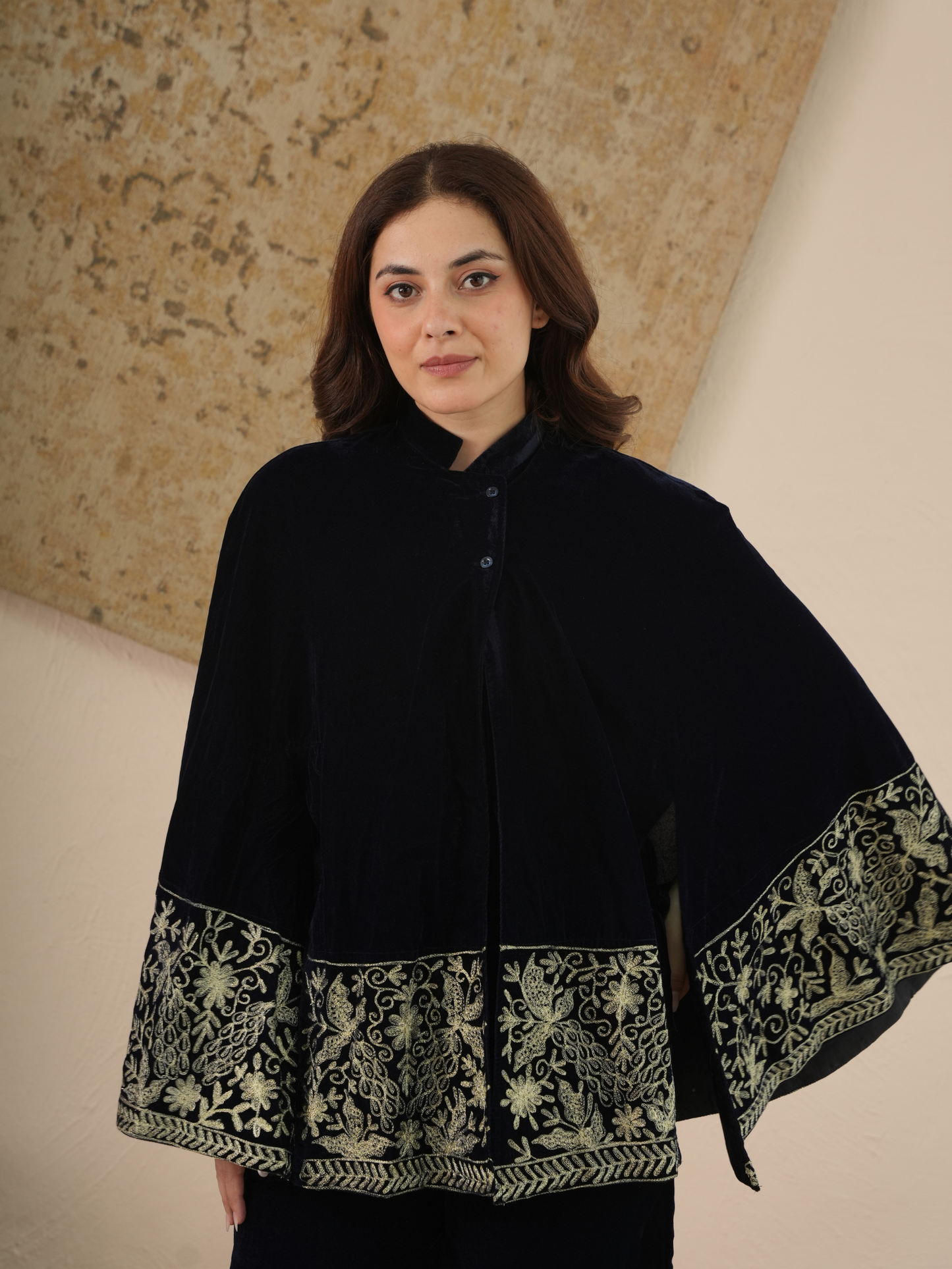 Hayat Midnight Blue Velvet Co-ord Set with Embroidered Cape