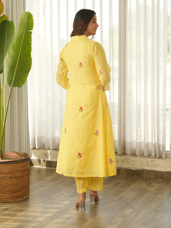 Lemon Yellow Embroidered Chanderi Kurta Set with Pants