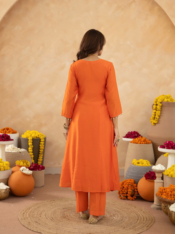 Orange Chanderi Aari & Handwork Gathered Kurta Set