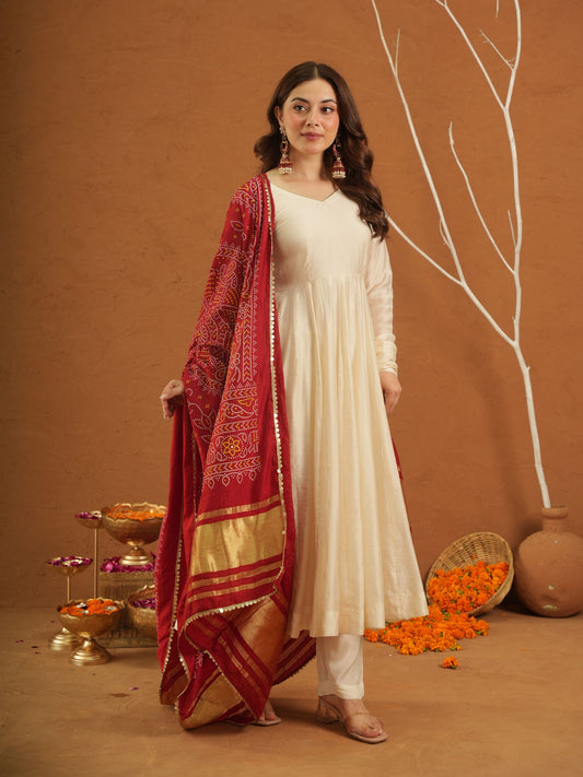 Roohi Off White Chanderi Set With Bandhej Dupatta